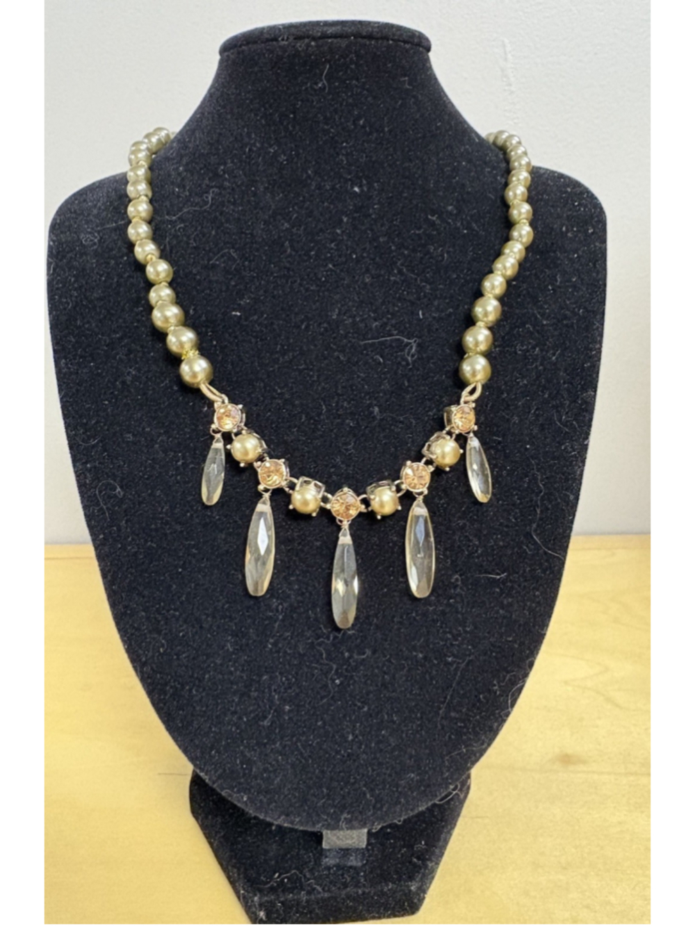 Vintage Monet Pearl Statement Necklace Crystal Drop Gold Tone 16-18”